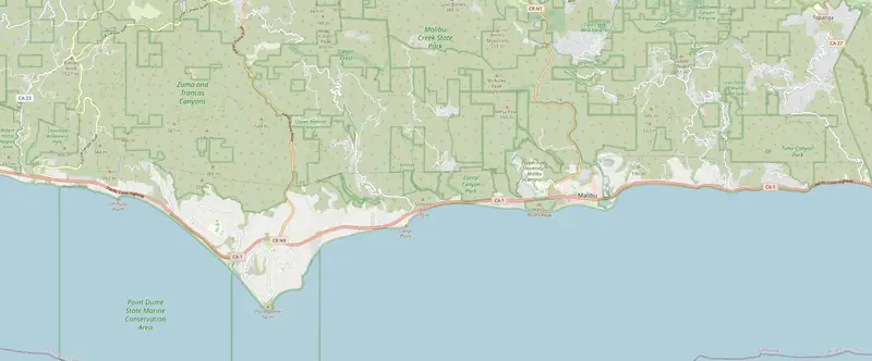 Map of Malibu showing the neighborhoods we serve, from Broad Beach in the west to Big Rock and Las Flores in the east